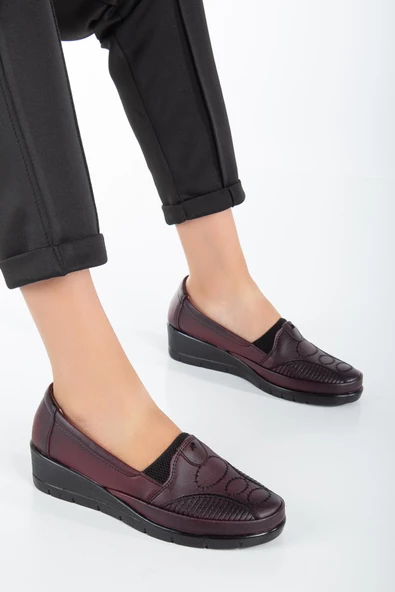 Hakiki Deri Nakış Detaylı Cilt Bordo Büyük Numara Kadın Ayakkabısı Günlük - Resim 2