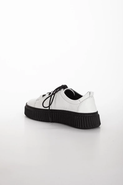 Hakiki Deri Kalın Taban Bağlı Beyaz Kadın Günlük Ayakkabı - Resim 5