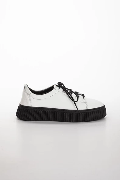 Hakiki Deri Kalın Taban Bağlı Beyaz Kadın Günlük Ayakkabı - Resim 3