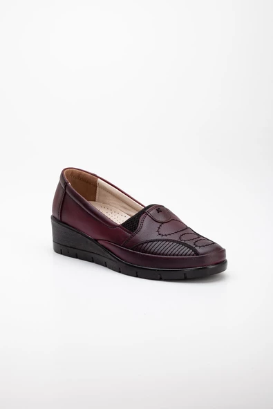 Hakiki Deri Nakış Detaylı Cilt Bordo Büyük Numara Kadın Ayakkabısı Günlük - Resim 5