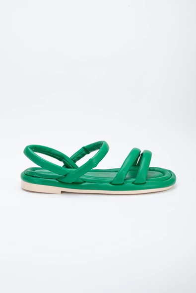 Cilt 2 Bantlı Yeşil Kadın Düz Taban Sandalet - Resim 3