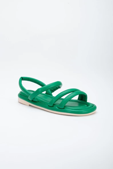 Cilt 2 Bantlı Yeşil Kadın Düz Taban Sandalet - Resim 4