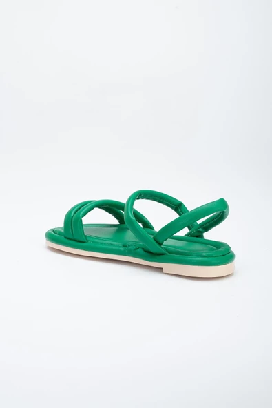 Cilt 2 Bantlı Yeşil Kadın Düz Taban Sandalet - Resim 5