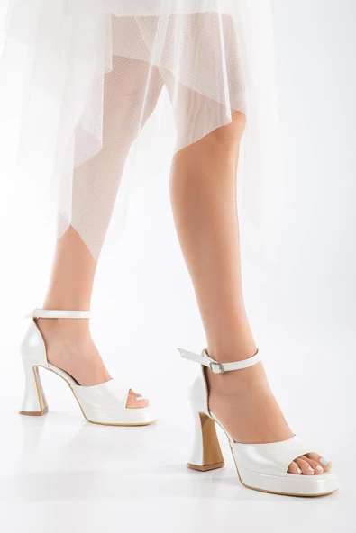 Kalın Tek Bant Kadeh Topuk Cilt Sedef Kadın Platform Topuk Sandalet - Resim 2