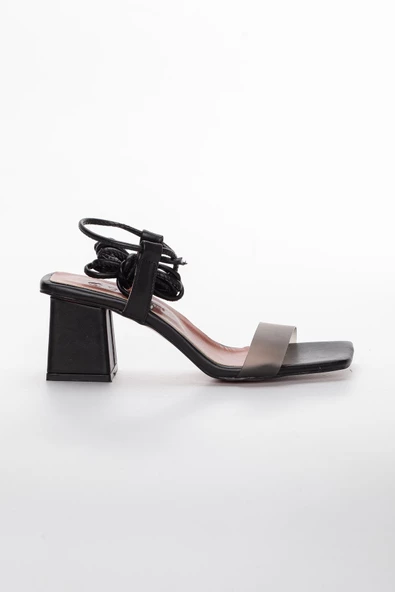 Bilek Sargılı Mat Şeffaf Siyah Kadın Topuklu Sandalet - Resim 3