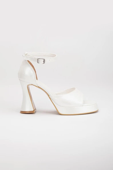 Kalın Tek Bant Kadeh Topuk Cilt Sedef Kadın Platform Topuk Sandalet - Resim 3