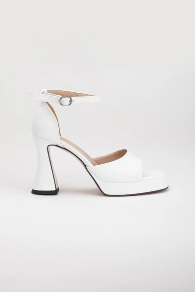 Kalın Tek Bant Kadeh Topuk Cilt Beyaz Kadın Platform Topuk Sandalet - Resim 3