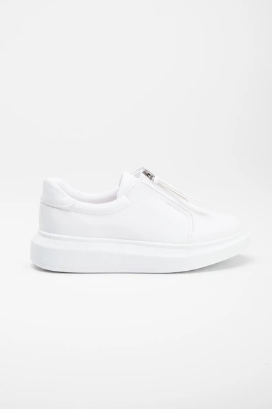 Kalın Taban Cilt Fermuarlı Beyaz Kadın Spor Ayakkabı - Resim 3