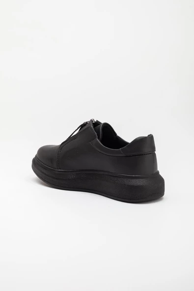 Kalın Taban Cilt Fermuarlı Siyah Kadın Spor Ayakkabı - Resim 5