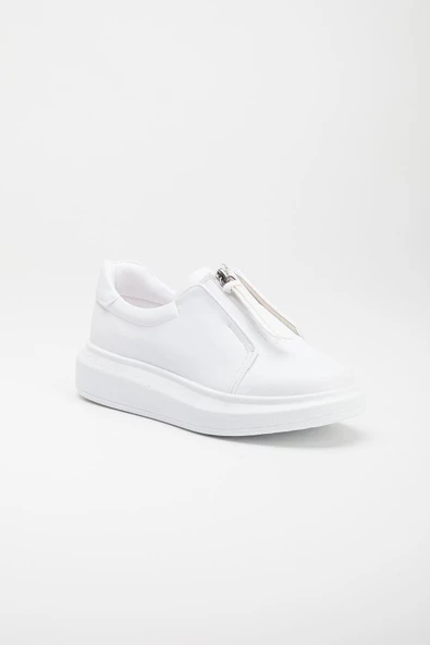 Kalın Taban Cilt Fermuarlı Beyaz Kadın Spor Ayakkabı - Resim 4