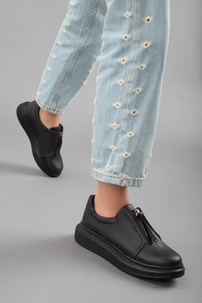 Kalın Taban Cilt Fermuarlı Siyah Kadın Spor Ayakkabı - Resim 2