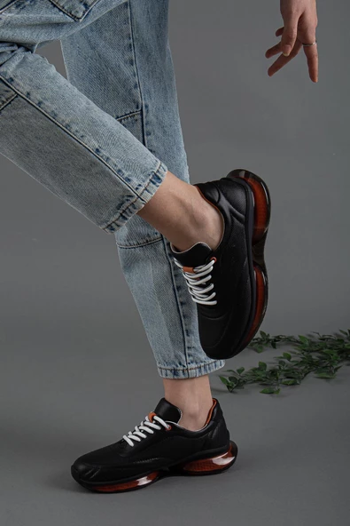 Hakiki Deri Balon Taban Ortopedik Bağcıklı Siyah Kadın Spor Ayakkabı - Resim 2