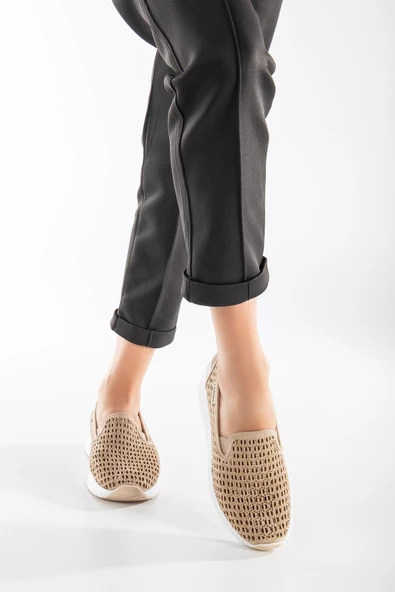 Taşlı Lazer Baskılı Bağsız Bej Kadın Casual Spor Ayakkabı - Resim 2