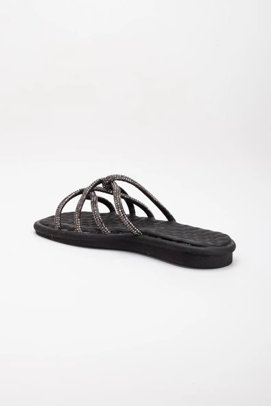 Örgü Taşlı Cilt Ortopedik Siyah Kadın Düz Taban Terlik - Resim 5