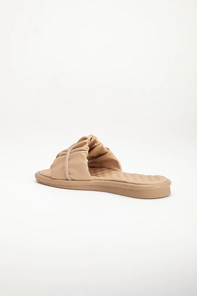 Cilt Büzgülü Taşlı Nude Kadın Düz Topuk Terlik - Resim 5