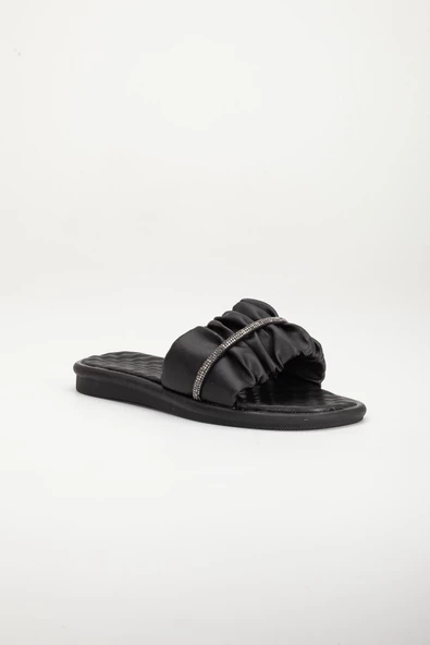 Cilt Büzgülü Taşlı Siyah Kadın Düz Topuk Terlik - Resim 4