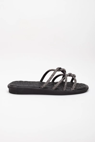 Örgü Taşlı Cilt Ortopedik Siyah Kadın Düz Taban Terlik - Resim 3