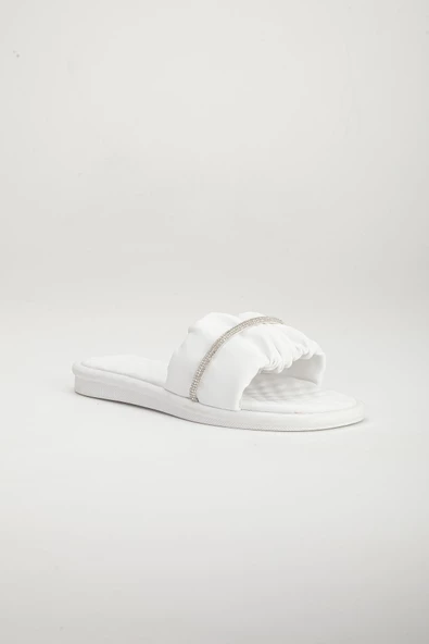 Cilt Büzgülü Taşlı Beyaz Kadın Düz Topuk Terlik - Resim 4