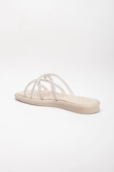 Örgü Taşlı Cilt Ortopedik Bej Kadın Düz Taban Terlik - Resim 5