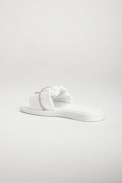 Cilt Büzgülü Taşlı Beyaz Kadın Düz Topuk Terlik - Resim 5