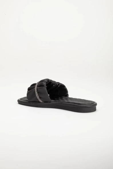 Cilt Büzgülü Taşlı Siyah Kadın Düz Topuk Terlik - Resim 5