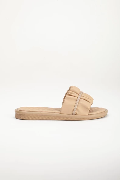 Cilt Büzgülü Taşlı Nude Kadın Düz Topuk Terlik - Resim 3