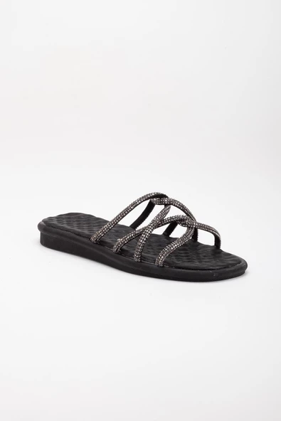 Örgü Taşlı Cilt Ortopedik Siyah Kadın Düz Taban Terlik - Resim 4