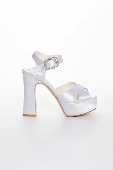 Platformlu Saten Taşlı Beyaz Kadın Topuklu Abiye Ayakkabı - Resim 2