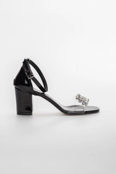 Baretli Taşlı Siyah Kadın Topuklu Abiye Sandalet - 3