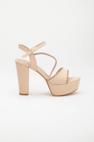 Tek Bant Taşlı Saten Ten Kadın Platform Topuklu Abiye Ayakkabı - Resim 3