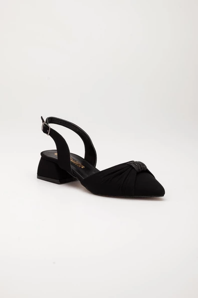 Saten Karnı Yarık Model Fiyonk Taşlı Siyah Büyük Numara Kadın Ayakkabısı Topuklu - 4