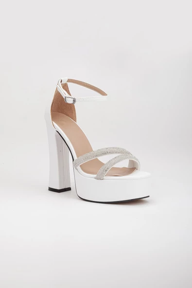 Kalın Taş Tek Bant Platform Topuk Beyaz Kadın Abiye Ayakkabı - Resim 4
