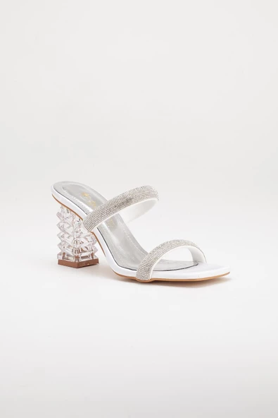 Şeffaf Topuklu Sıra Taşlı Sedef Kadın Abiye Terlik Ayakkabı - Resim 4