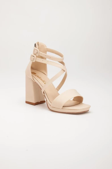 Saten Tek ve Çapraz Bant Bej Kadın Platform Topuk Abiye Ayakkabı - Resim 4