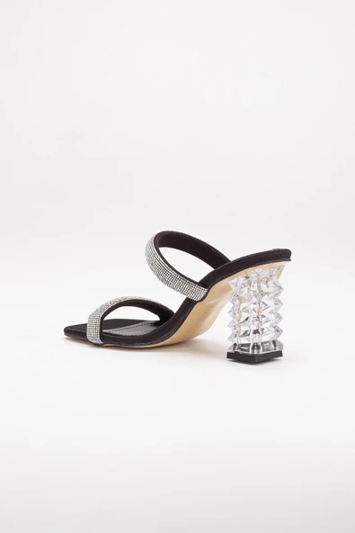 Şeffaf Topuklu Sıra Taşlı Siyah Kadın Abiye Terlik Ayakkabı - Resim 5