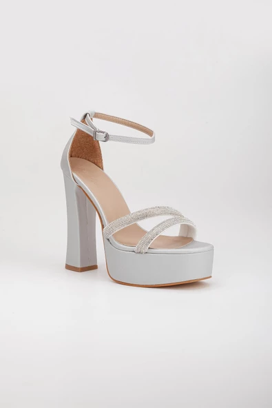 Kalın Taş Tek Bant Platform Topuk Gümüş Kadın Abiye Ayakkabı - Resim 4