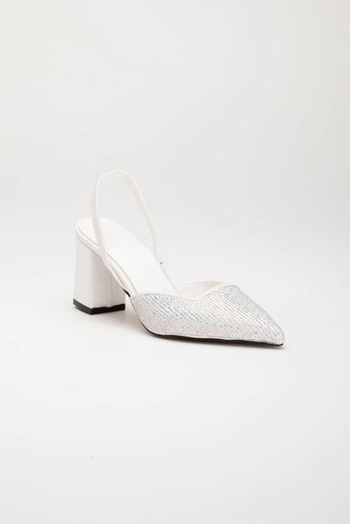 Saten Simetrik Kesim Taşlı Beyaz Büyük Numara Kadın Ayakkabısı Topukluı - Resim 4