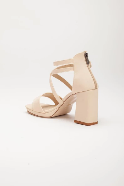 Saten Tek ve Çapraz Bant Bej Kadın Platform Topuk Abiye Ayakkabı - Resim 5