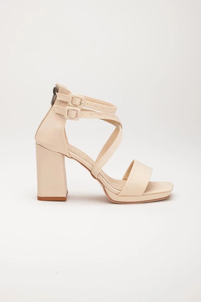 Saten Tek ve Çapraz Bant Bej Kadın Platform Topuk Abiye Ayakkabı - Resim 3
