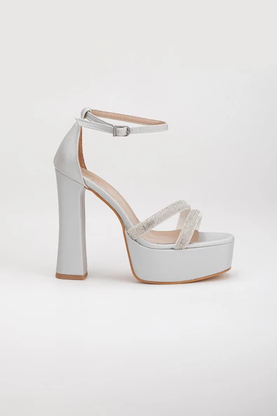 Kalın Taş Tek Bant Platform Topuk Gümüş Kadın Abiye Ayakkabı - Resim 3