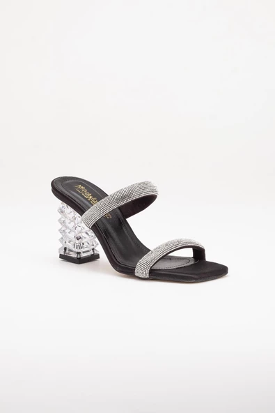 Şeffaf Topuklu Sıra Taşlı Siyah Kadın Abiye Terlik Ayakkabı - Resim 4