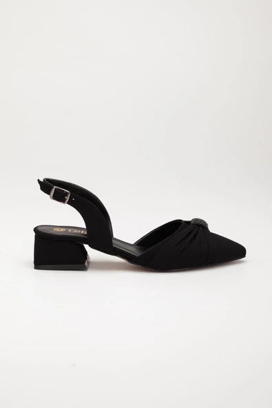 Saten Karnı Yarık Model Fiyonk Taşlı Siyah Büyük Numara Kadın Ayakkabısı Topuklu - 3