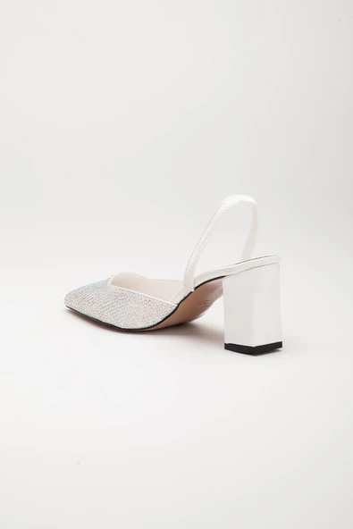 Saten Simetrik Kesim Taşlı Beyaz Büyük Numara Kadın Ayakkabısı Topukluı - Resim 5