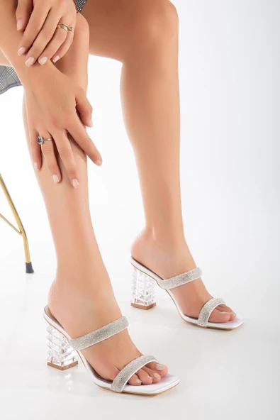 Şeffaf Topuklu Sıra Taşlı Sedef Kadın Abiye Terlik Ayakkabı - Resim 2