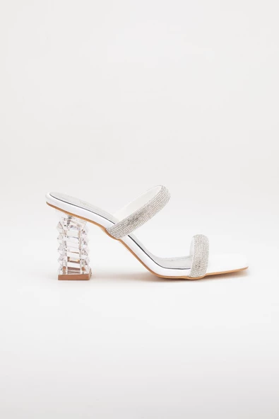 Şeffaf Topuklu Sıra Taşlı Sedef Kadın Abiye Terlik Ayakkabı - Resim 3