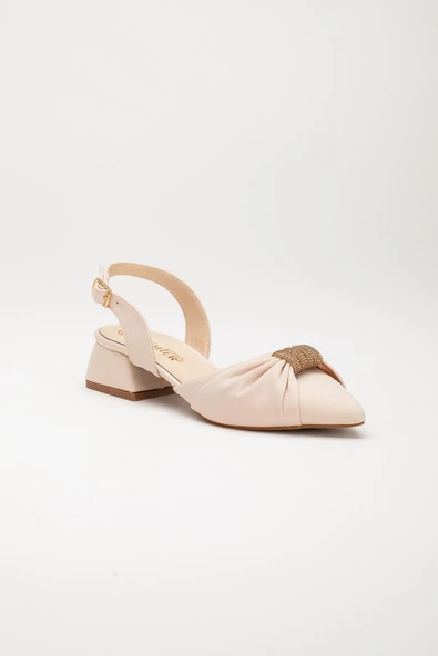 Saten Karnı Yarık Model Fiyonk Taşlı Bej Büyük Numara Kadın Ayakkabısı Topuklu - Resim 4