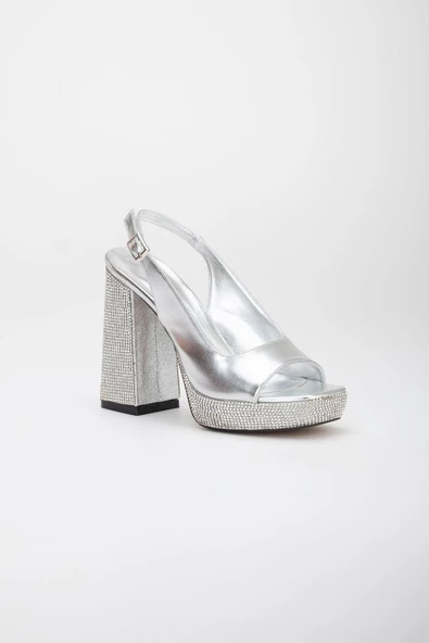 Parlak Cilt Topuk ve Platform Taşlı Gümüş Kadın Abiye Ayakkabı - Resim 4