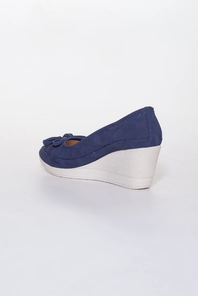 Dolgu Taban Lazer Kesim Lacivert Kadın Dolgu Topuklu Ayakkabı - Resim 4