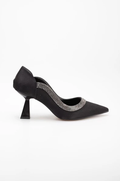 Saten Kalın Sıra Taşlı Siyah Kadın Kadeh Topuk Stiletto - 3