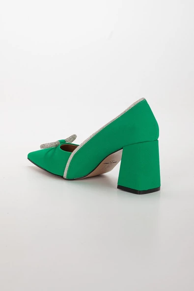 Saten Taşlı Kalın Topuk Yeşil Kadın Stiletto - Resim 6